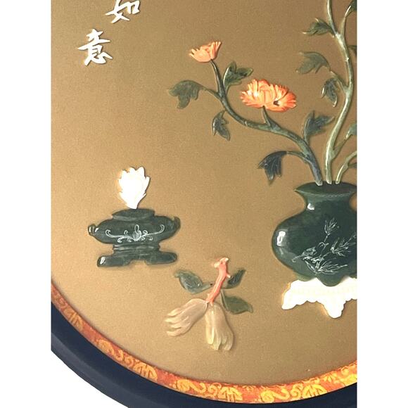 VTG Asian WALL ART Plaque 3D Carved Coral & Simulated Jade Flowers 12" Round - Picture 5 of 7